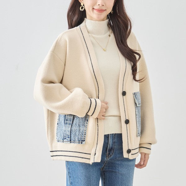 【M〜L】デニムポケット切替Vネックニットカーディガン｜TRUBE