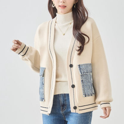 【M〜L】デニムポケット切替Vネックニットカーディガン｜TRUBE