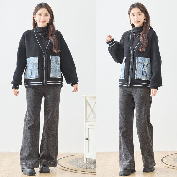【M〜L】デニムポケット切替Vネックニットカーディガン｜TRUBE