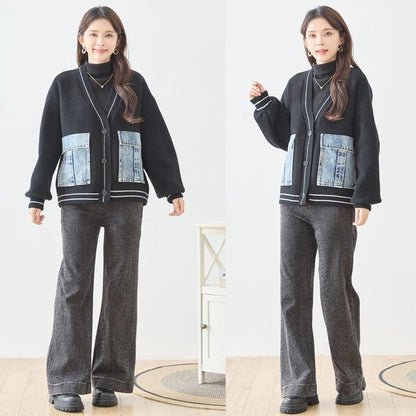 【M〜L】デニムポケット切替Vネックニットカーディガン｜TRUBE