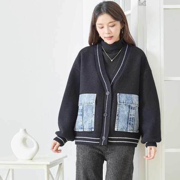 【M〜L】デニムポケット切替Vネックニットカーディガン｜TRUBE