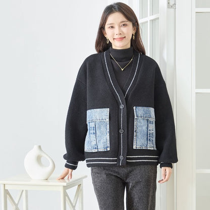 【M〜L】デニムポケット切替Vネックニットカーディガン｜TRUBE