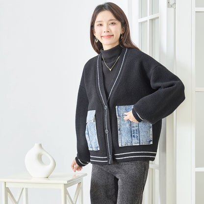 【M〜L】デニムポケット切替Vネックニットカーディガン｜TRUBE