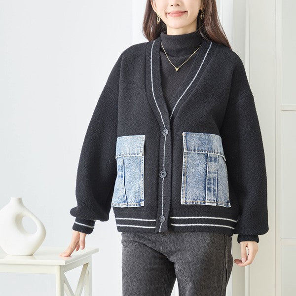【M〜L】デニムポケット切替Vネックニットカーディガン｜TRUBE