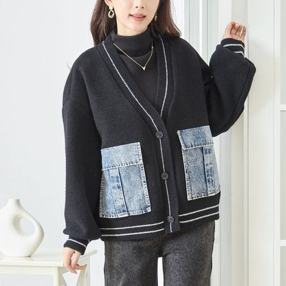 【M〜L】デニムポケット切替Vネックニットカーディガン｜TRUBE