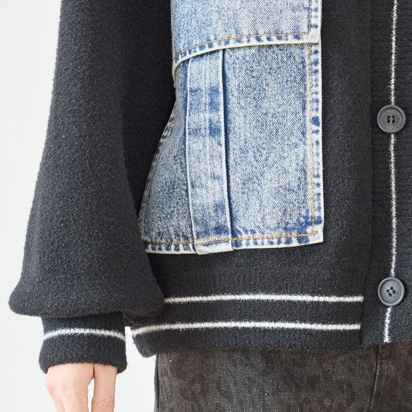 【M〜L】デニムポケット切替Vネックニットカーディガン｜TRUBE