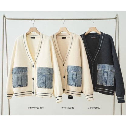 【M〜L】デニムポケット切替Vネックニットカーディガン｜TRUBE