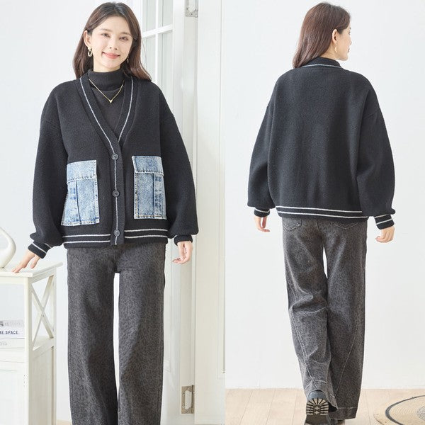 【M〜L】デニムポケット切替Vネックニットカーディガン｜TRUBE