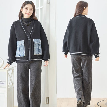 【M〜L】デニムポケット切替Vネックニットカーディガン｜TRUBE