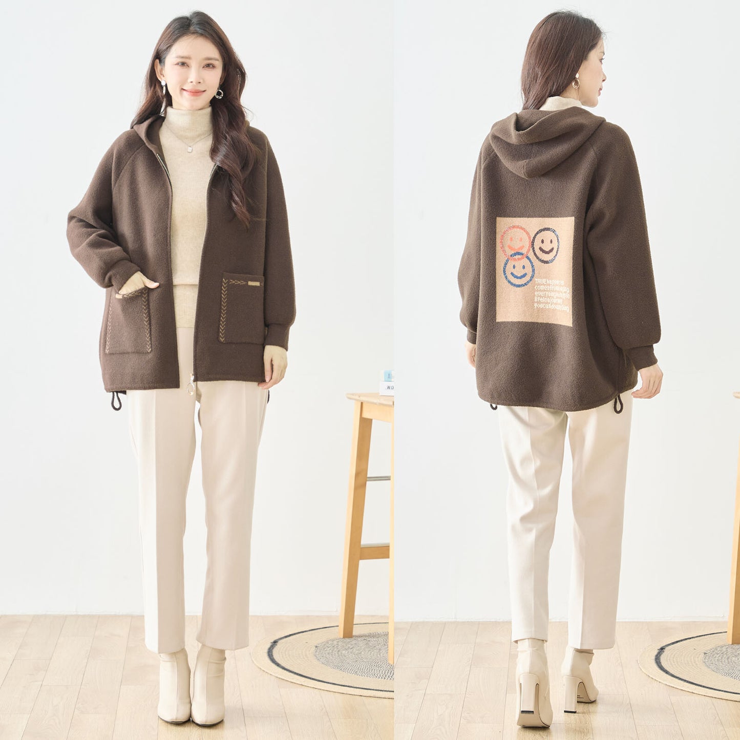 【M〜L】スマイルパッチフーデッドニットブルゾン｜TRUBE