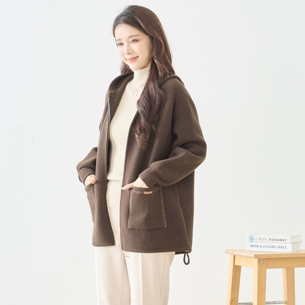 【M〜L】スマイルパッチフーデッドニットブルゾン｜TRUBE