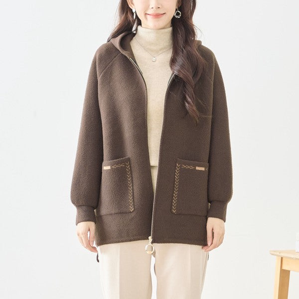 【M〜L】スマイルパッチフーデッドニットブルゾン｜TRUBE