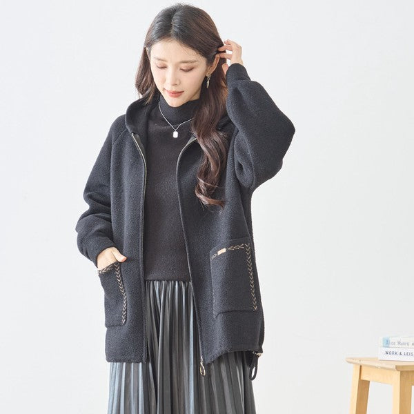 【M〜L】スマイルパッチフーデッドニットブルゾン｜TRUBE