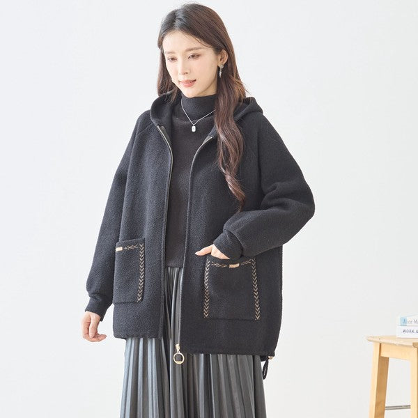 【M〜L】スマイルパッチフーデッドニットブルゾン｜TRUBE