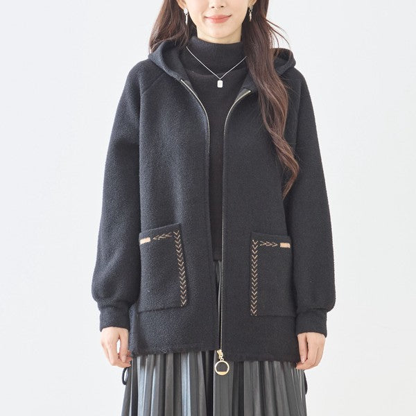 【M〜L】スマイルパッチフーデッドニットブルゾン｜TRUBE