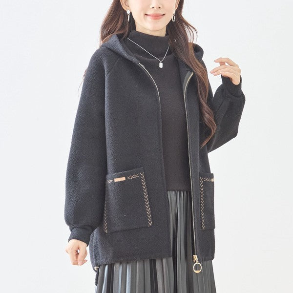 【M〜L】スマイルパッチフーデッドニットブルゾン｜TRUBE