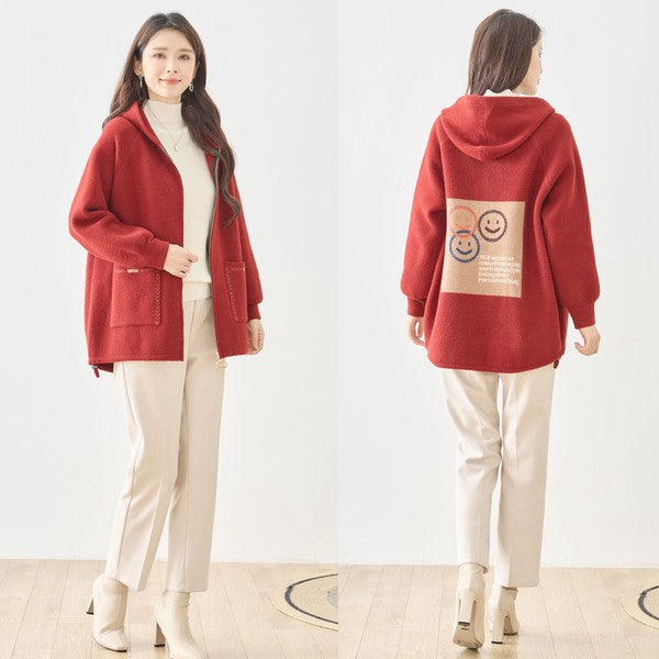 【M〜L】スマイルパッチフーデッドニットブルゾン｜TRUBE