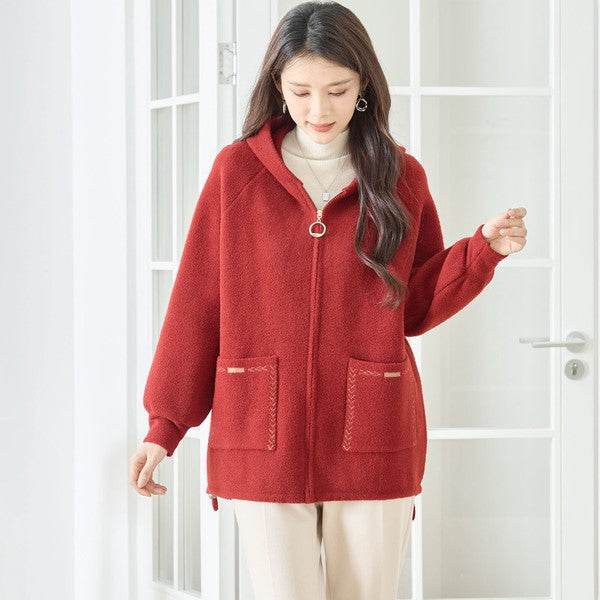 【M〜L】スマイルパッチフーデッドニットブルゾン｜TRUBE