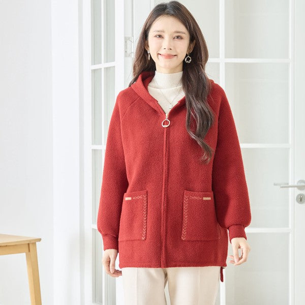 【M〜L】スマイルパッチフーデッドニットブルゾン｜TRUBE