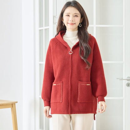 【M〜L】スマイルパッチフーデッドニットブルゾン｜TRUBE