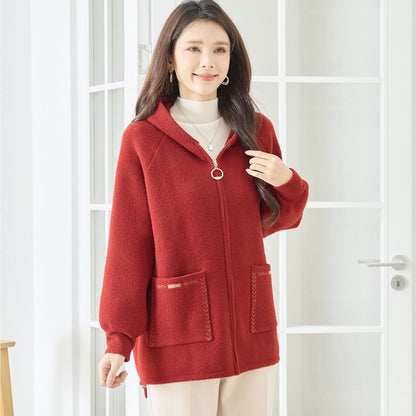 【M〜L】スマイルパッチフーデッドニットブルゾン｜TRUBE