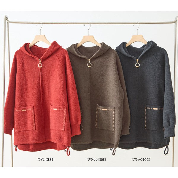 【M〜L】スマイルパッチフーデッドニットブルゾン｜TRUBE