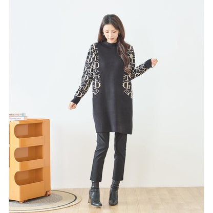 【M〜L】幾何学柄スリーブ切替ニットチュニック｜配色デザイン・大人きれいめ・TRUBE・N15-262A