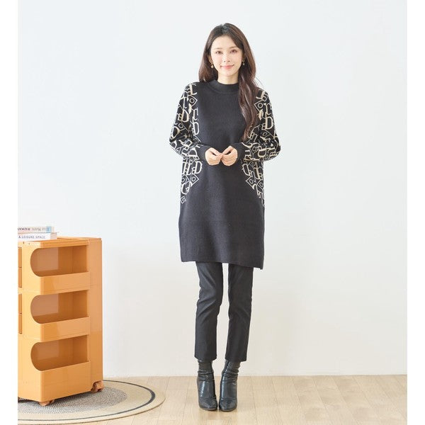【M〜L】幾何学柄スリーブ切替ニットチュニック｜配色デザイン・大人きれいめ・TRUBE・N15-262A