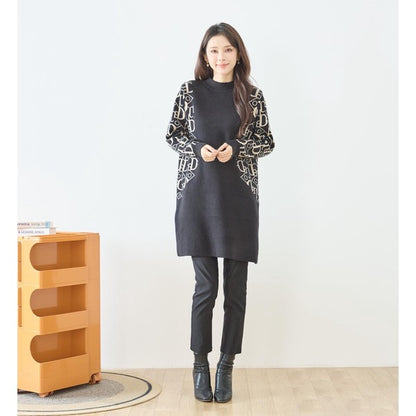 【M〜L】幾何学柄スリーブ切替ニットチュニック｜配色デザイン・大人きれいめ・TRUBE・N15-262A