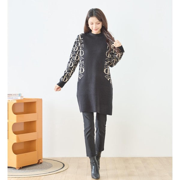 【M〜L】幾何学柄スリーブ切替ニットチュニック｜配色デザイン・大人きれいめ・TRUBE・N15-262A