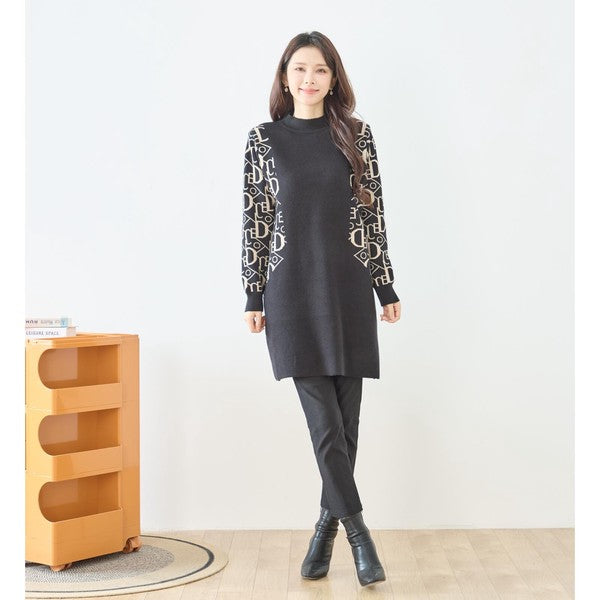 【M〜L】幾何学柄スリーブ切替ニットチュニック｜配色デザイン・大人きれいめ・TRUBE・N15-262A