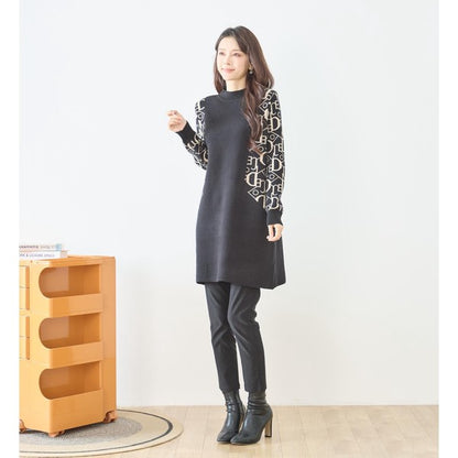 【M〜L】幾何学柄スリーブ切替ニットチュニック｜配色デザイン・大人きれいめ・TRUBE・N15-262A