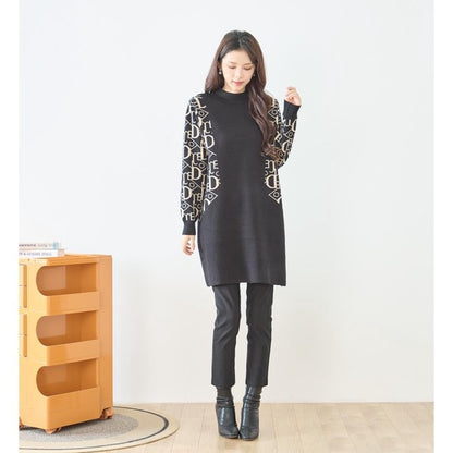 【M〜L】幾何学柄スリーブ切替ニットチュニック｜配色デザイン・大人きれいめ・TRUBE・N15-262A