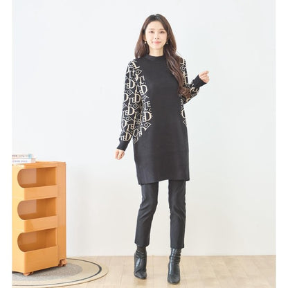 【M〜L】幾何学柄スリーブ切替ニットチュニック｜配色デザイン・大人きれいめ・TRUBE・N15-262A