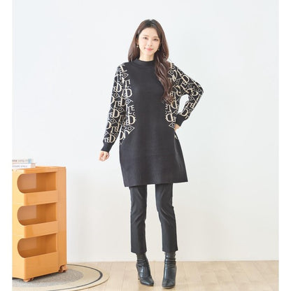 【M〜L】幾何学柄スリーブ切替ニットチュニック｜配色デザイン・大人きれいめ・TRUBE・N15-262A