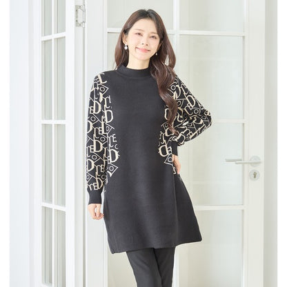 【M〜L】幾何学柄スリーブ切替ニットチュニック｜配色デザイン・大人きれいめ・TRUBE・N15-262A