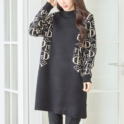 【M〜L】幾何学柄スリーブ切替ニットチュニック｜配色デザイン・大人きれいめ・TRUBE・N15-262A