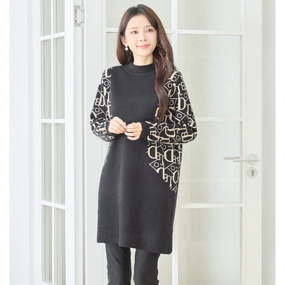 【M〜L】幾何学柄スリーブ切替ニットチュニック｜配色デザイン・大人きれいめ・TRUBE・N15-262A