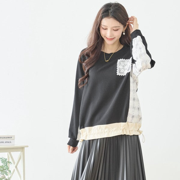 【M〜L】フラワーレース異素材切替ドロストプルオーバー｜TRUBE