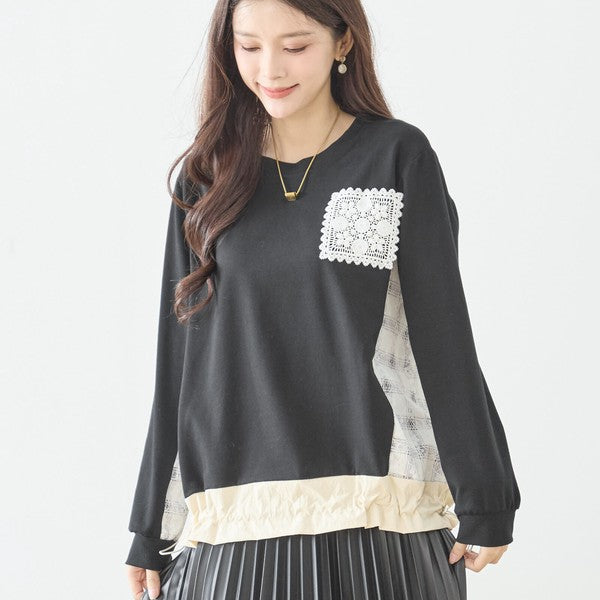【M〜L】フラワーレース異素材切替ドロストプルオーバー｜TRUBE