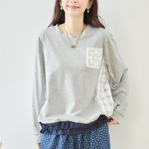 【M〜L】フラワーレース異素材切替ドロストプルオーバー｜TRUBE