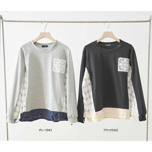 【M〜L】フラワーレース異素材切替ドロストプルオーバー｜TRUBE