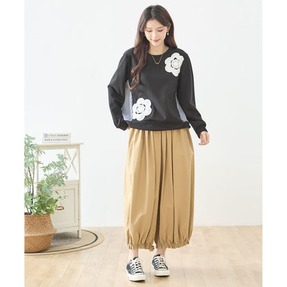 【M〜L】フラワーモチーフ異素材ストライプ切替プルオーバー｜TRUBE