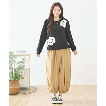 【M〜L】フラワーモチーフ異素材ストライプ切替プルオーバー｜TRUBE