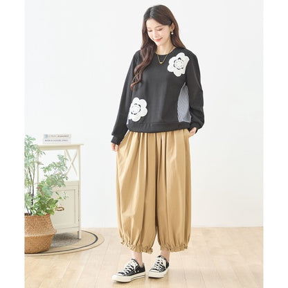 【M〜L】フラワーモチーフ異素材ストライプ切替プルオーバー｜TRUBE