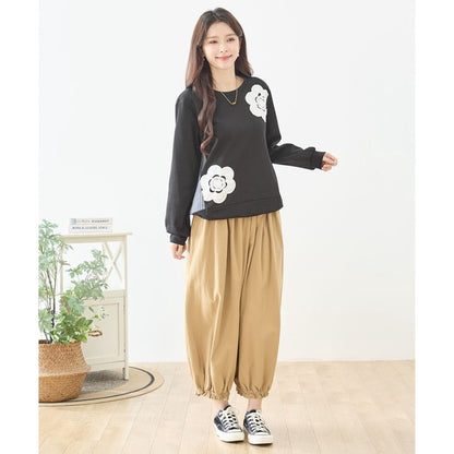 【M〜L】フラワーモチーフ異素材ストライプ切替プルオーバー｜TRUBE