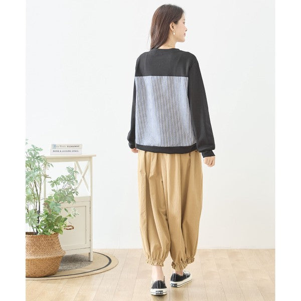 【M〜L】フラワーモチーフ異素材ストライプ切替プルオーバー｜TRUBE