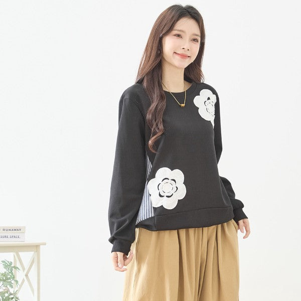 【M〜L】フラワーモチーフ異素材ストライプ切替プルオーバー｜TRUBE