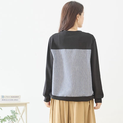 【M〜L】フラワーモチーフ異素材ストライプ切替プルオーバー｜TRUBE