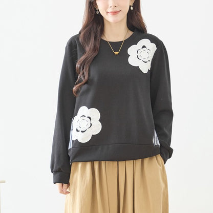 【M〜L】フラワーモチーフ異素材ストライプ切替プルオーバー｜TRUBE